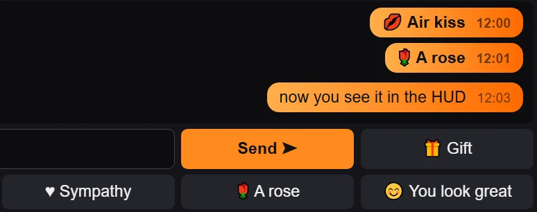 HUD screenshot: chat bubbles Air kiss, A rose, a message; Send and Gift buttons; compliment buttons