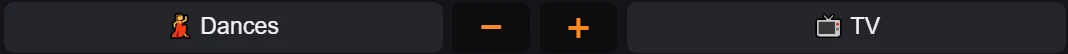 HUD menu buttons: Dances, minus, plus, TV