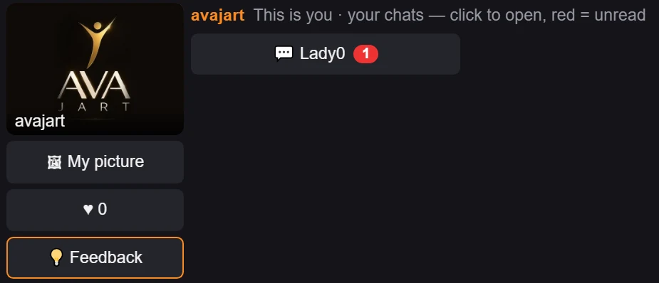 HUD screenshot: My card with My picture, likes counter, Feedback, and the chats list with one unread