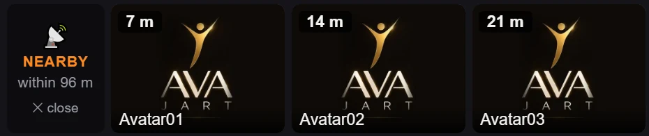 HUD screenshot: Nearby within 96 m — avatar cards at 7 m, 14 m and 21 m
