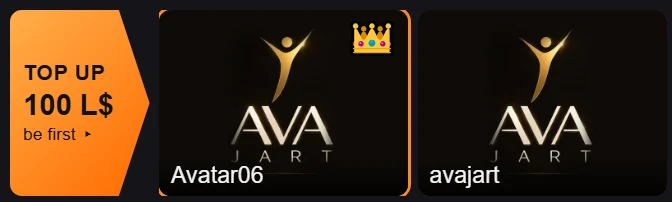 HUD screenshot: TOP UP 100 L$ arrow, the #1 card with a crown, the next card